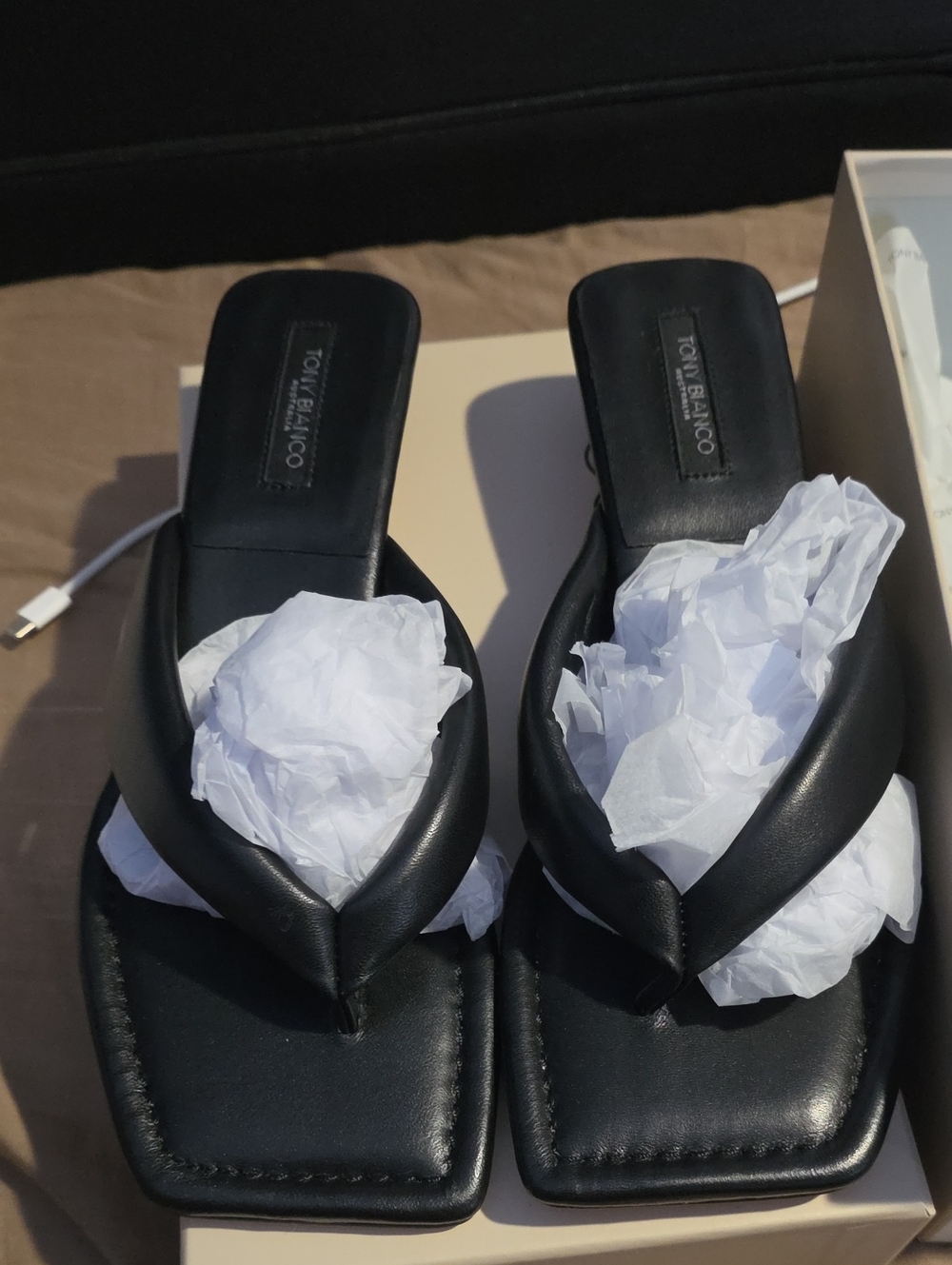 Tony Bianco Black Padded Square-Toe Thong Mules